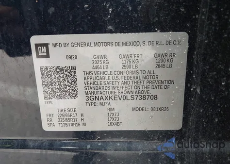 2020 Chevrolet Equinox Fwd Lt 1.5L Turbo из США, поврежденный, VIN 3GNAXKEV0LS738708